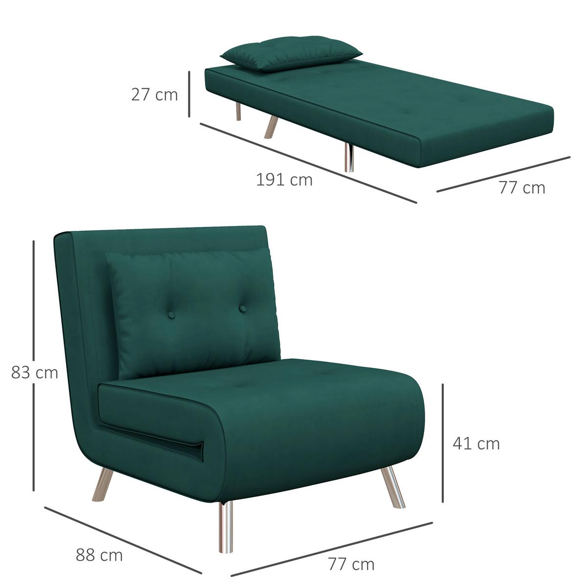 SCHLAFSESSEL Klappsessel mit Bettfunktion, Einzelsofa mit Kissen, Samtoptik Grün - Dunkelgrün/Silberfarben, Textil/Metall (88/83/77cm) - HOMCOM