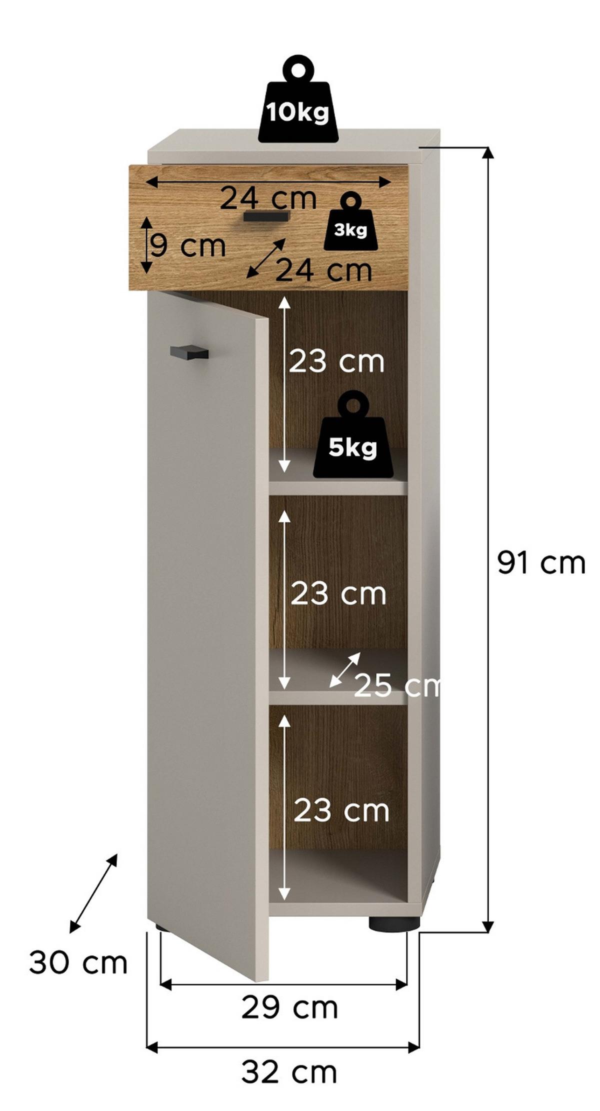 BADKOMMODE Kaschmir, Evoke Eiche 32 cm, Midischrank mit wechselbarem Türanschlag - Kaschmir/Eichefarben, Holzwerkstoff/Kunststoff (32/91/30cm) - Inn.Furn