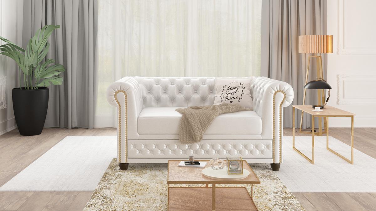 CHESTERFIELD-SOFA 2-sitzer Morin Weiß vegan Leder - Weiß/Braun, Holz/Textil (148/72/86cm) - S-Style Möbel