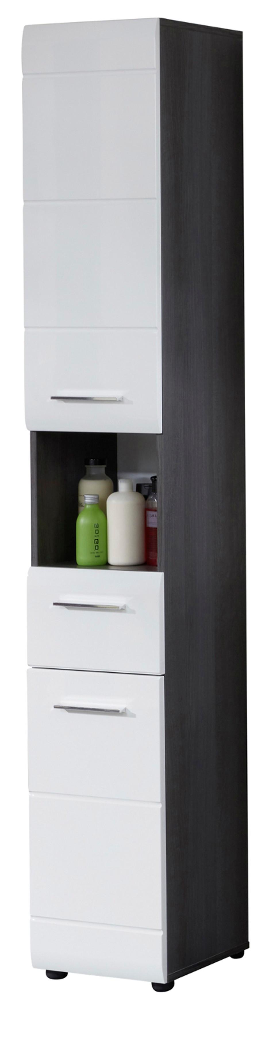 HOCHSCHRANK weiß Hochglanz, grau Rauchsilber 30 cm, Badschrank wechselbarer Türanschlag - Weiß Hochglanz/Silberfarben, Holzwerkstoff/Kunststoff (30/182/31cm) - Top.Furn