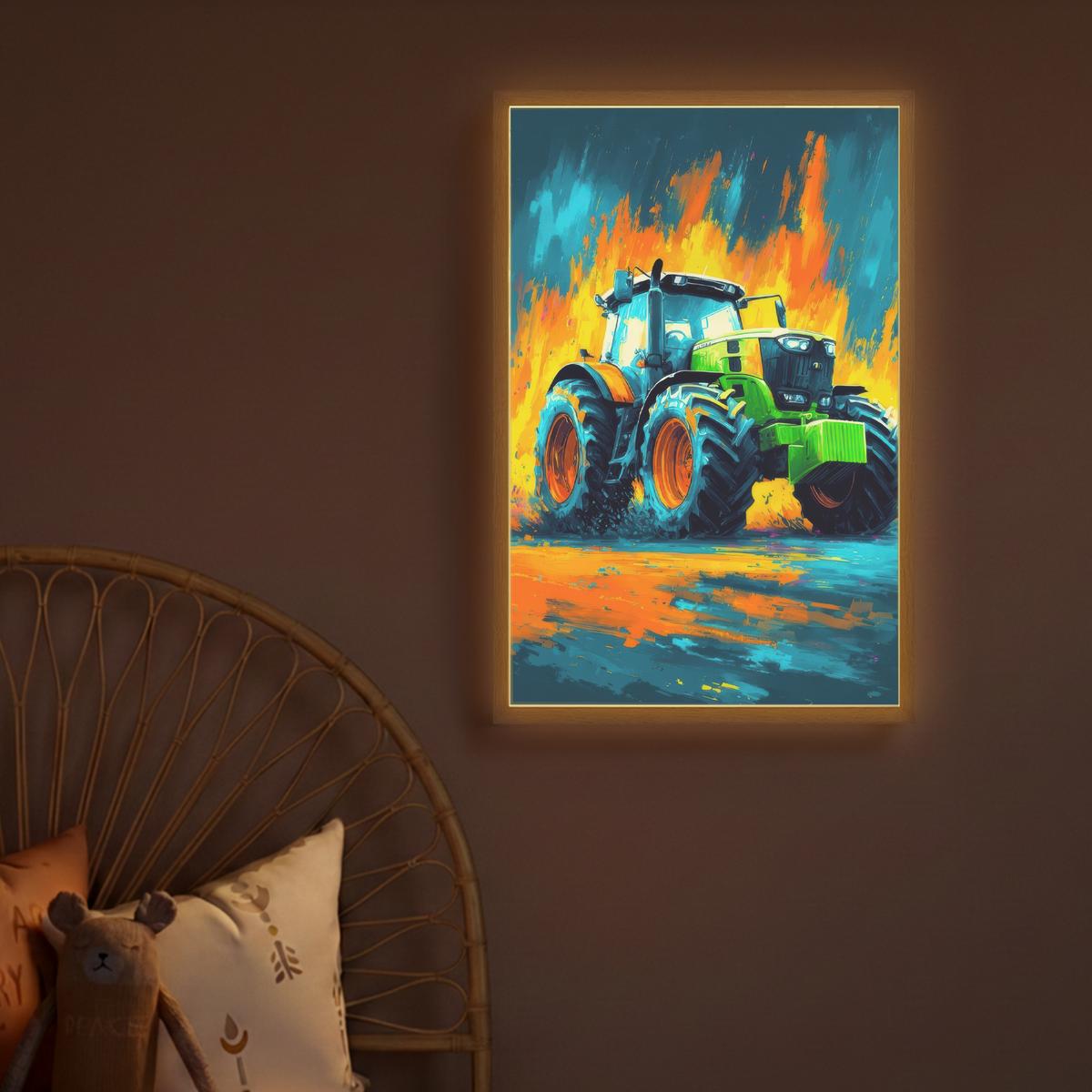 WANDLEUCHTE MIT AKKU Abstrakt - Traktor - Grün 40x60 cm - Dunkelblau, Holzwerkstoff (40/60/8cm) - OnlyWow