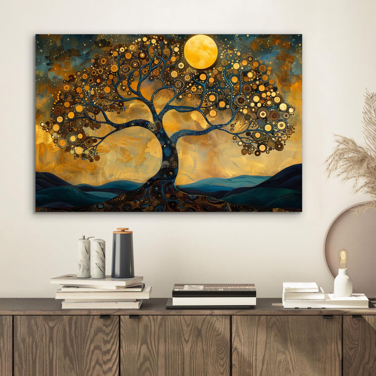 METALLBILD Baum - Mond - Blumen - Gold - Kunst Wandbild 60x40 cm - Orange, Metall (60/40cm) - MuchoWow