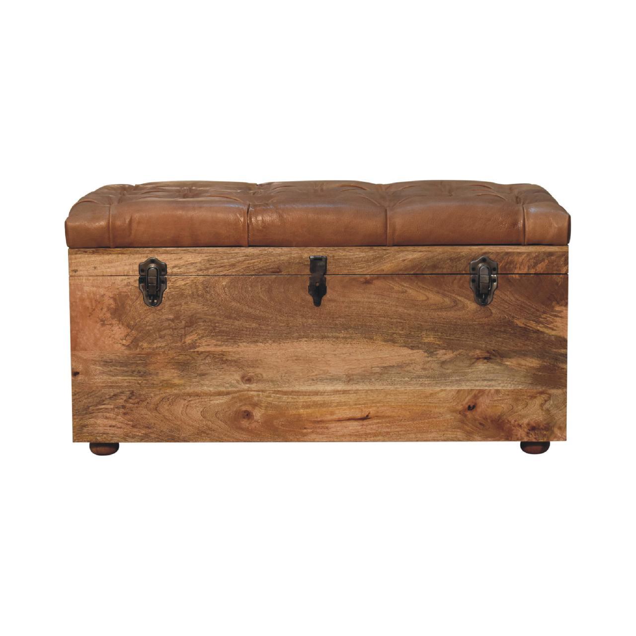 AUFBEWAHRUNGSTRUHE Büffelleder Oak-ish, Aufklappbare Aufbewahrungstruhe, Hellbraun - Hellbraun/Messingfarben, Mangoholz/Holz (90/45/45cm) - Artisan Furniture