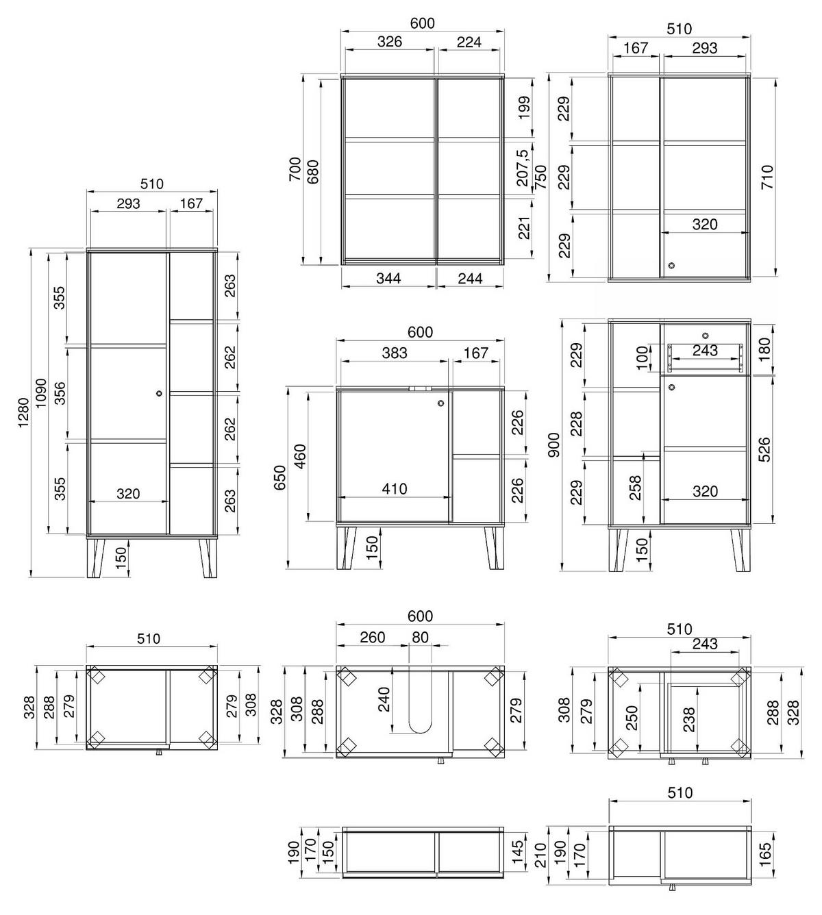 BADMÖBEL-SET 5-teilig grau, Evoke Eiche, Badkombination, 182 x 190 cm - Eichefarben/Grau, Glas/Holzwerkstoff (182/190/33cm) - Furn.Design