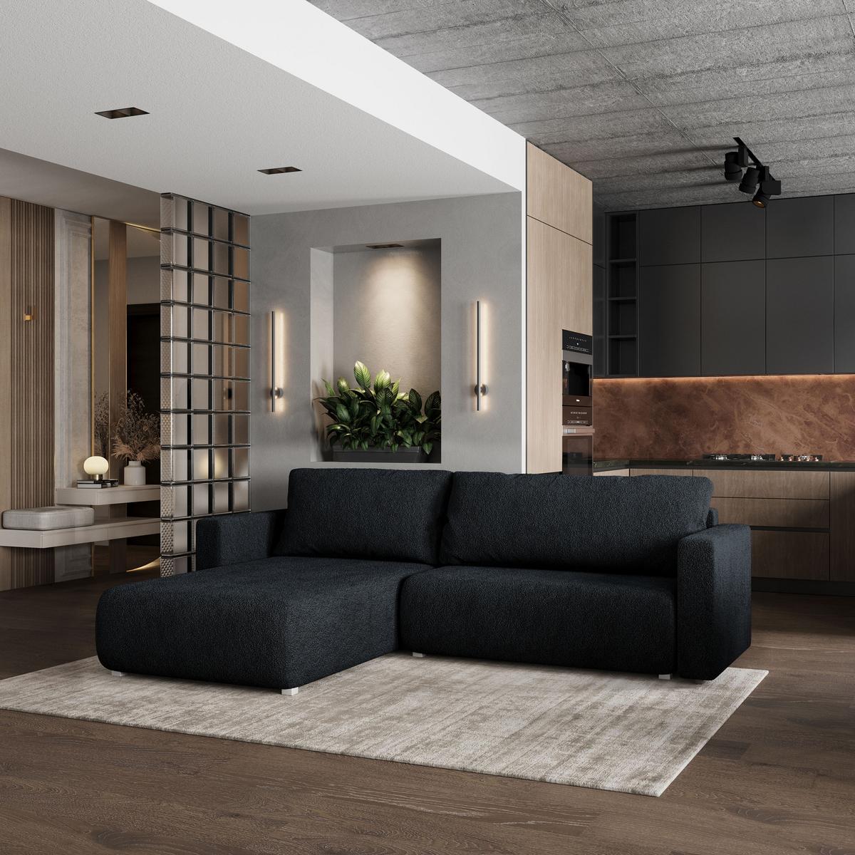 ECKSOFA TURIN N Schwarz Bucle-Stoff mit Schlaffunktion - Schwarz/Grau, Holz/Kunststoff (265/183cm) - MASSENO