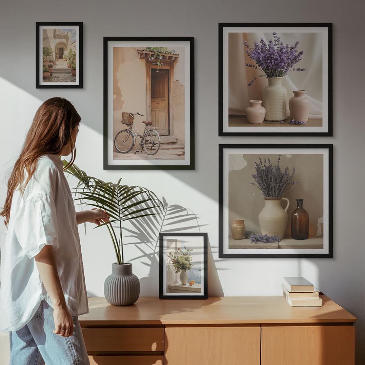 BILDER SET 5er Set - 50x50 cm & 20x30 cm & 40x60 cm Schwarzer Rahmen - Friedliche Zen-Blumen-Buddha-Komposition - Schwarz, Kunststoff (40/60cm) - TULUP