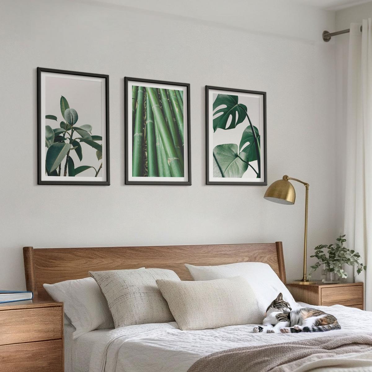 BILDER SET 3er Set - 40x60 cm Schwarzer Rahmen - Bambusstängel und Monstera-Blätter - Schwarz, Kunststoff (40/60cm) - TULUP