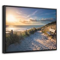 LEINWAND Bilder mit Rahmen - Sonnenuntergang - Strand - Düne - Gras - Ufer - 40x30 - Sandfarben, Textil (40/30cm) - MuchoWow