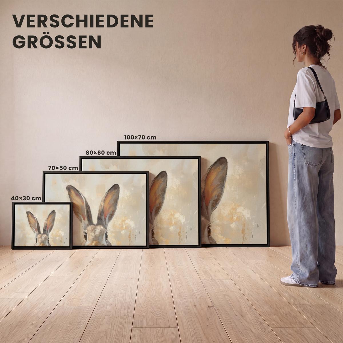 LEINWAND Bilder mit Rahmen - Hase - Ohren - Braun - 80x60 - Beige, Textil (80/60cm) - MuchoWow