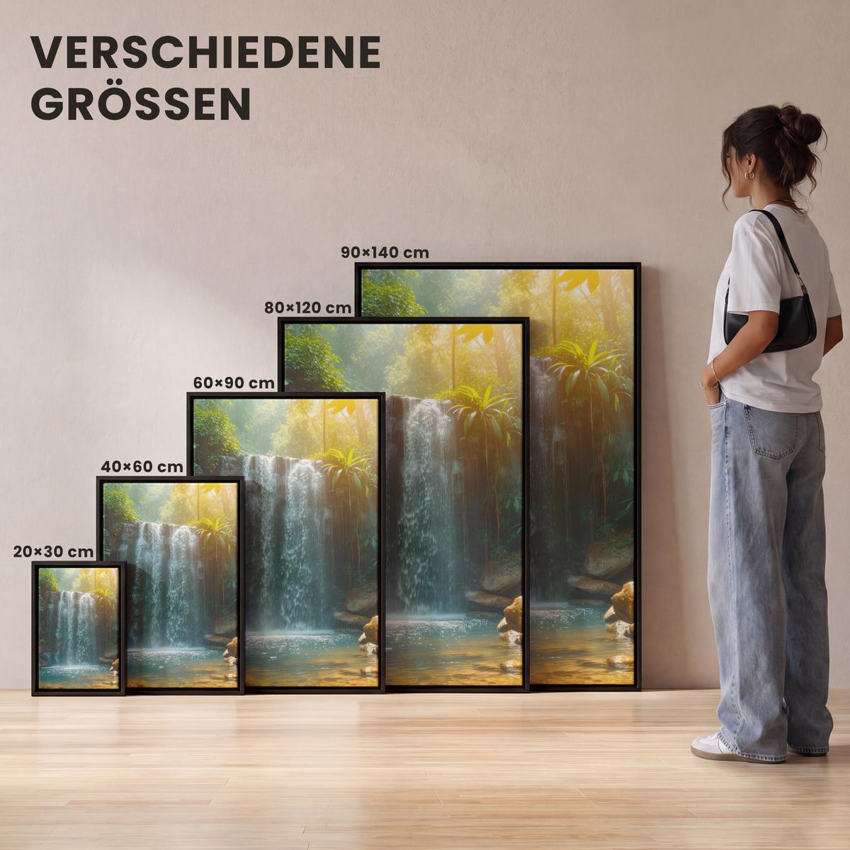 LEINWAND Bilder mit Rahmen - Wasserfall - Dschungel - Sonne - Grün - Natur - 100x150 - Grün, Textil (100/150cm) - MuchoWow