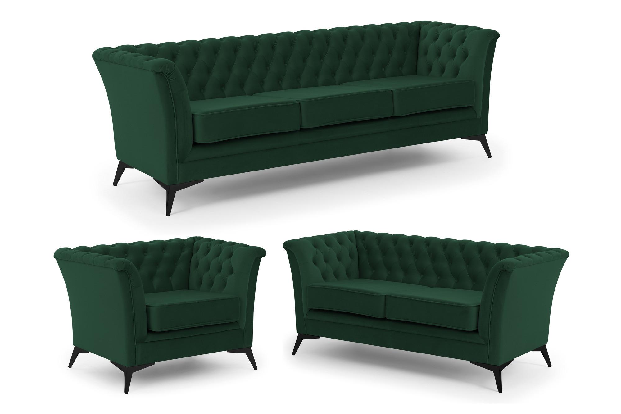 SITZGARNITUR 3+2+1 Chesterfield Whitby Flaschengrün Samt mit schwarzen Füßen - Dunkelgrün/Schwarz, Holz/Textil (237/78/82cm) - S-Style Möbel