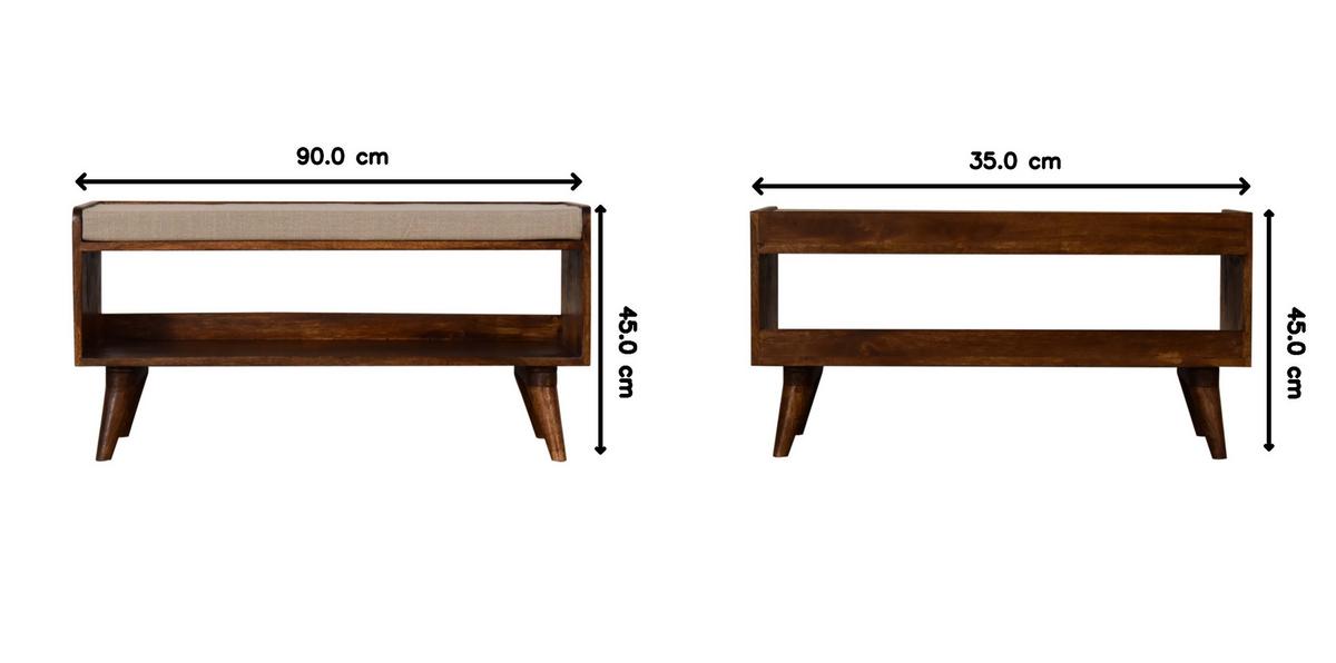 SCHUHBANK Massivholz Mud Leinen Nordic, Gepolsterte Sitzfläche und Offenes Regal zur Aufbewahrung, Dunkelbraun - Beige/Dunkelbraun, Mangoholz/Holz (90/45/34cm) - Artisan Furniture