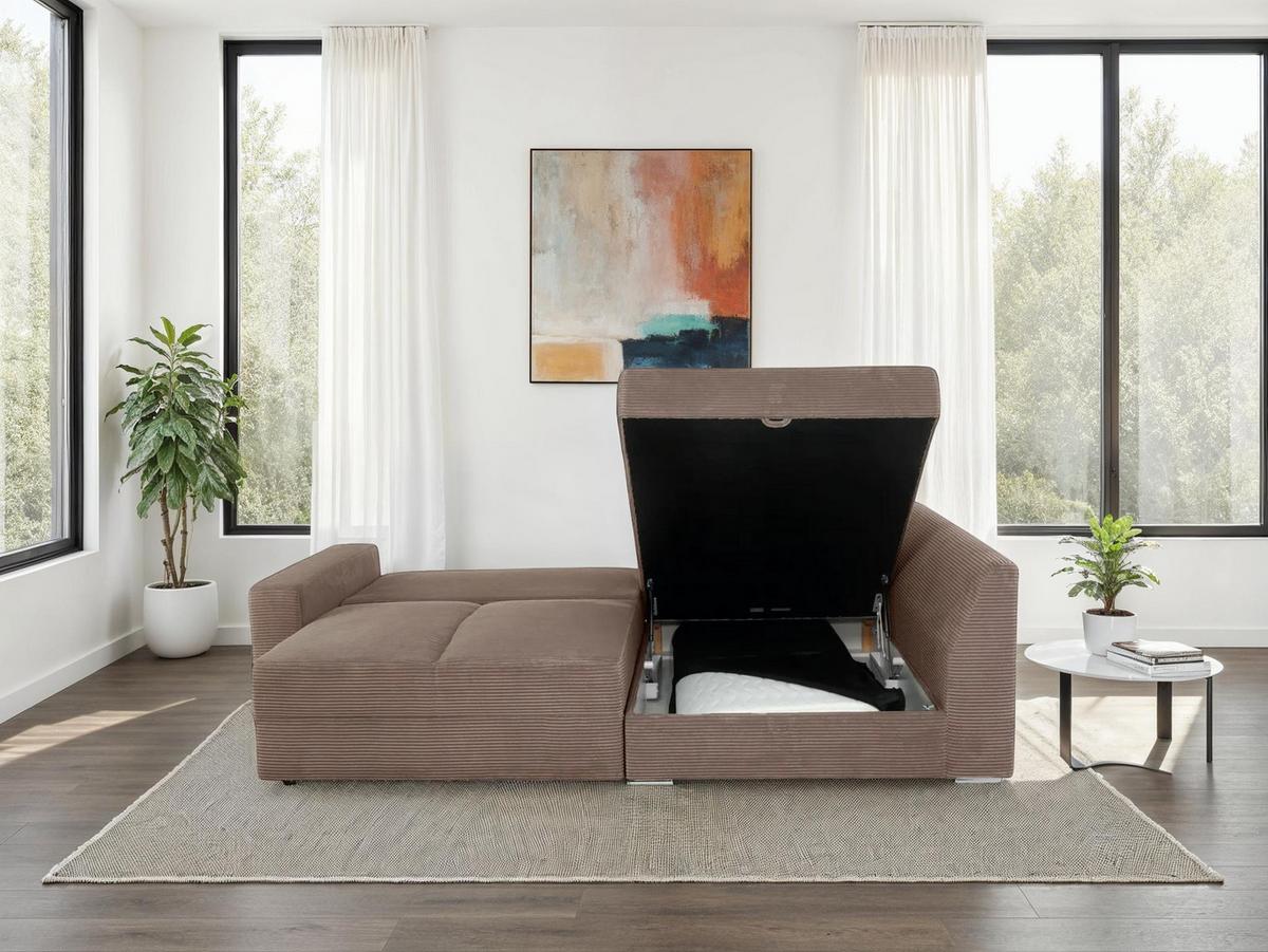 ECKSOFA-DAUERSCHLÄFER Boxspring Federkern Topper Bettkasten, seitenverkehrt montierbar B260/T181/H88 cm, Cord Braun Taupe / 15234 - Chromfarben/Braun, Textil/Metall (260/181cm) - luma-home