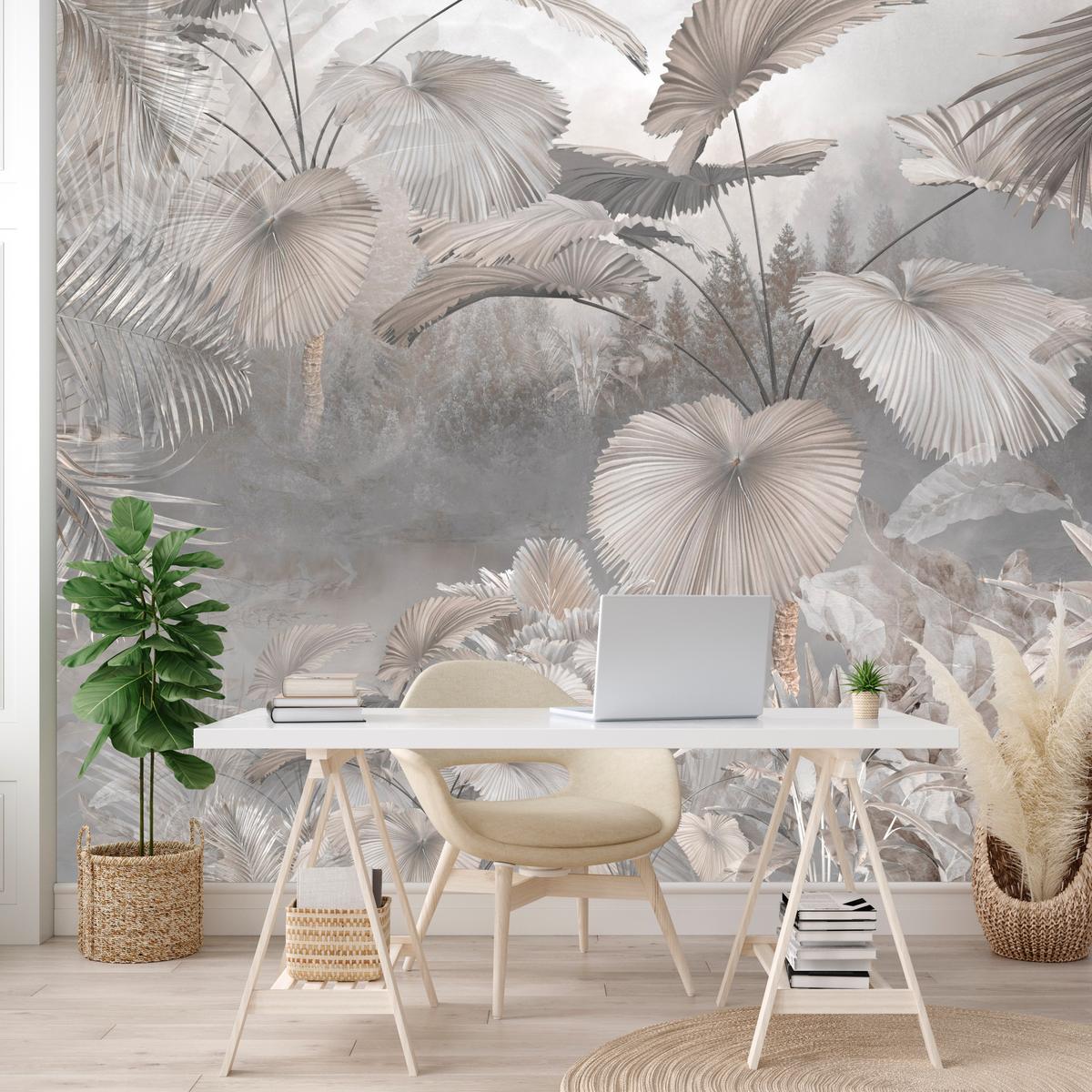 FOTOTAPETE für Wohnzimmer Tropische Blätter Dschungel Palmen Grau 250x175 - Beige/Grau, Papier (250/175cm) - Muralo