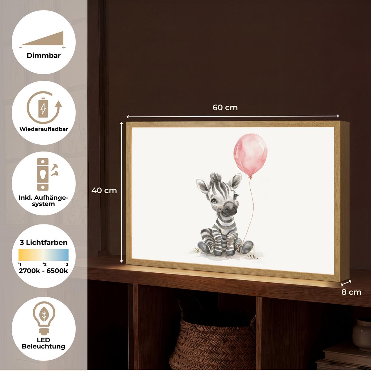 NACHTTISCHLAMPE MIT AKKU Zebra - Baby - Tiere - Rosa Luftballon 60x40 cm - Weiß, Holzwerkstoff (8/60/40cm) - OnlyWow
