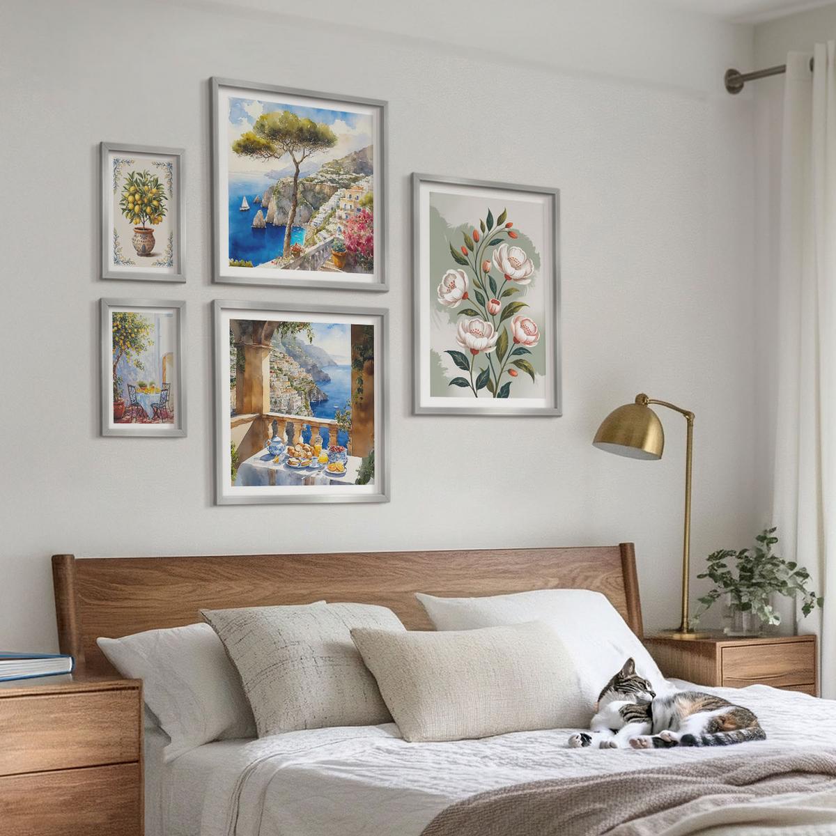 BILDER SET 5er Set - 50x50 cm & 20x30 cm & 40x60 cm Silberner Rahmen - Blick auf das Meer aus Zitronenbäumen - Silberfarben, Kunststoff (40/60cm) - TULUP