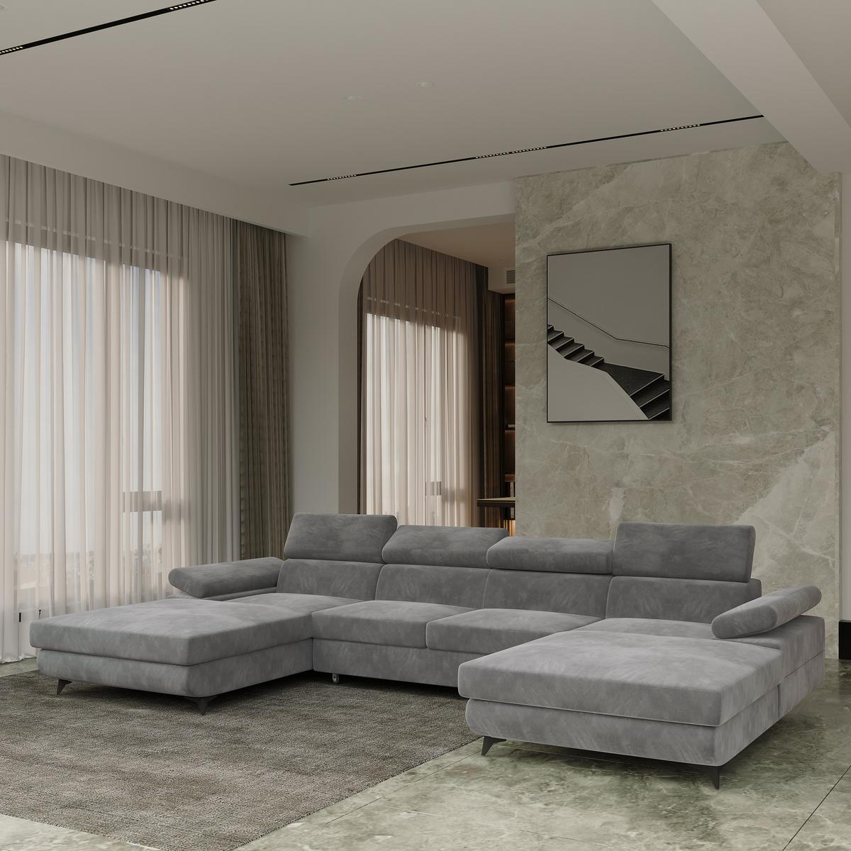 WOHNLANDSCHAFT DETTI Grau Velours-Stoff mit Schlaffunktion - Grau, Holz (339/89/190cm) - MASSENO