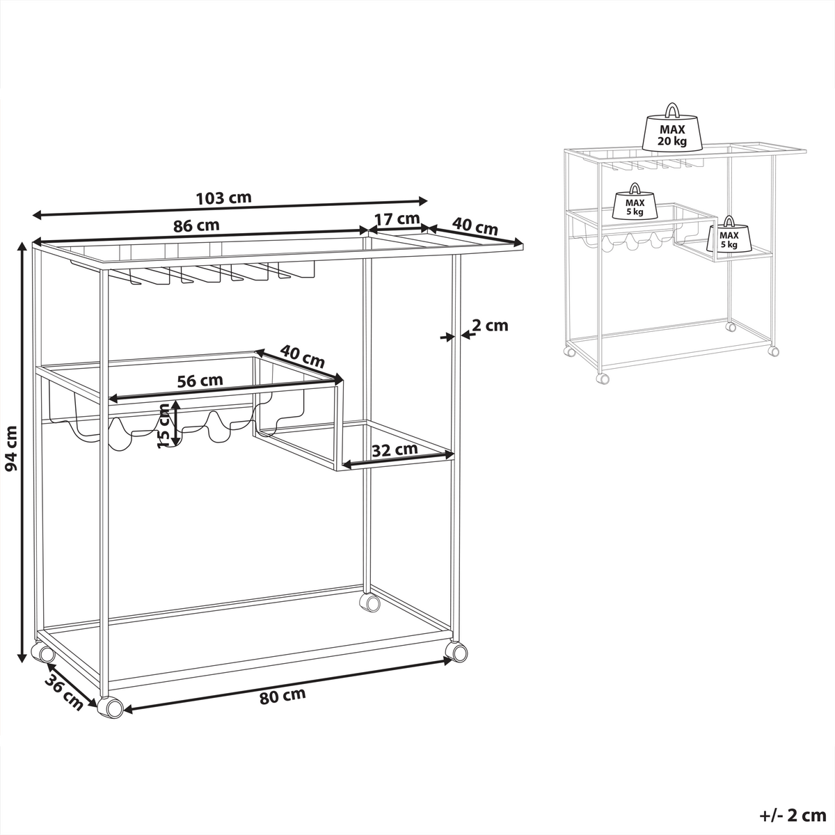 SERVIERWAGEN Schwarz Marcola - Transparent/Schwarz, Metall (103/94/40cm) - Beliani