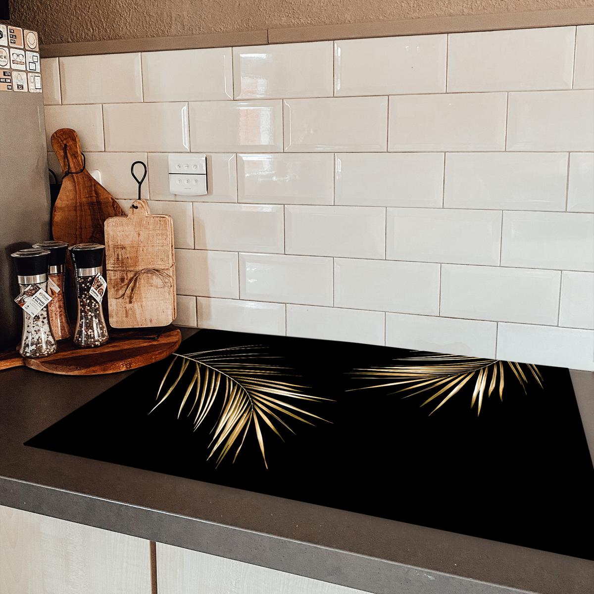 HERDABDECKPLATTE Blätter - Pflanzen - Gold - Schwarz - Luxus Ceranfeldabdeckung 80x52 cm - Goldfarben, Kunststoff (80/52/0.2cm) - MuchoWow