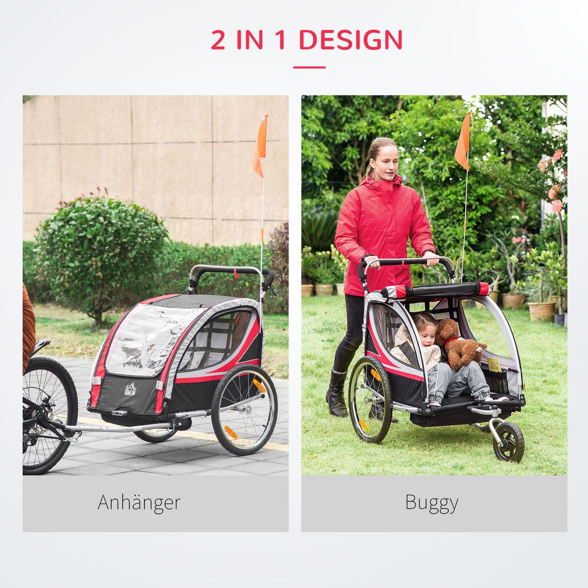 2 in 1 Kinderfahrradanhänger, Kinderanhänger, Fahrradanhänger, Rot - Rot, Metall (75/101/142cm) - HOMCOM
