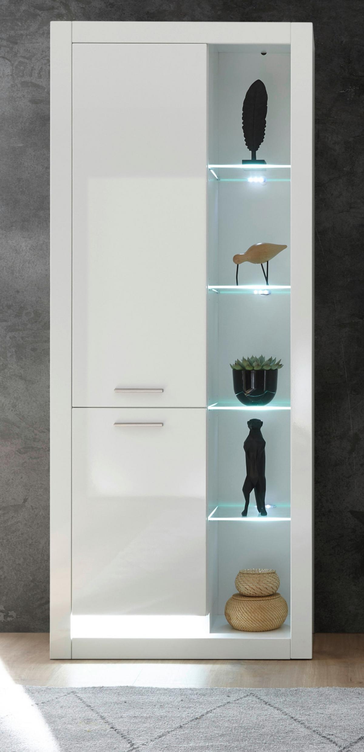 VITRINE weiß Hochglanz 80 x 195 cm, großer Vitrinenschrank mit 10 Fächern - Weiß Hochglanz/Silberfarben, Glas/Holzwerkstoff (80/195/37cm) - Furn.Design