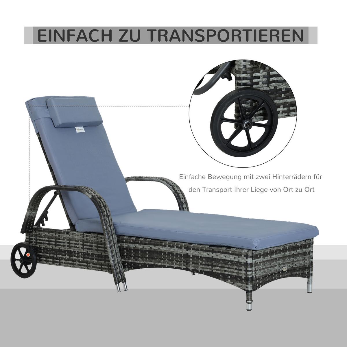 SONNENLIEGE, Polyrattan+Metall, Grau - Multicolor, Kunststoff (73/103/200cm) - Outsunny