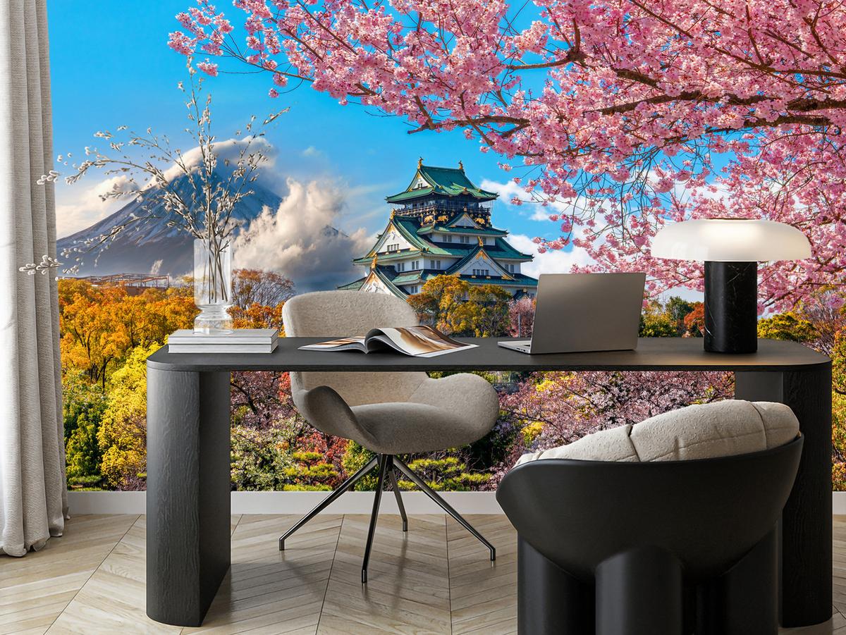 FOTOTAPETE für Wohnzimmer Kirschblüten Osaka Burg Japan Berge Bäume 350x256 - Gelb/Rosa, Papier (350/256cm) - Muralo