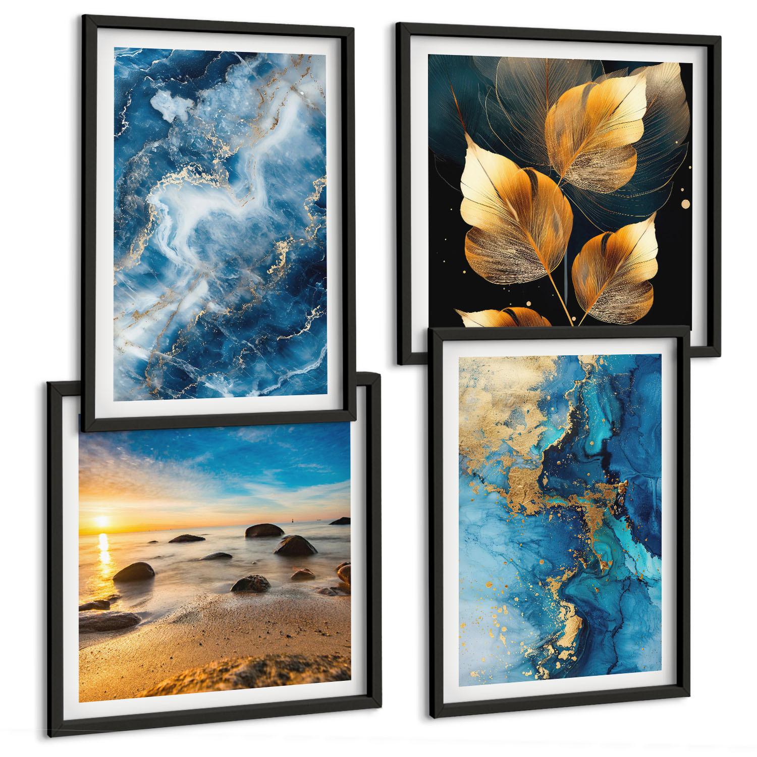 BILDER SET 4er Set - 50x50 cm & 40x60 cm Schwarzer Rahmen - Bilder mit blau-goldenen Mustern - Schwarz, Kunststoff (50/50cm) - TULUP