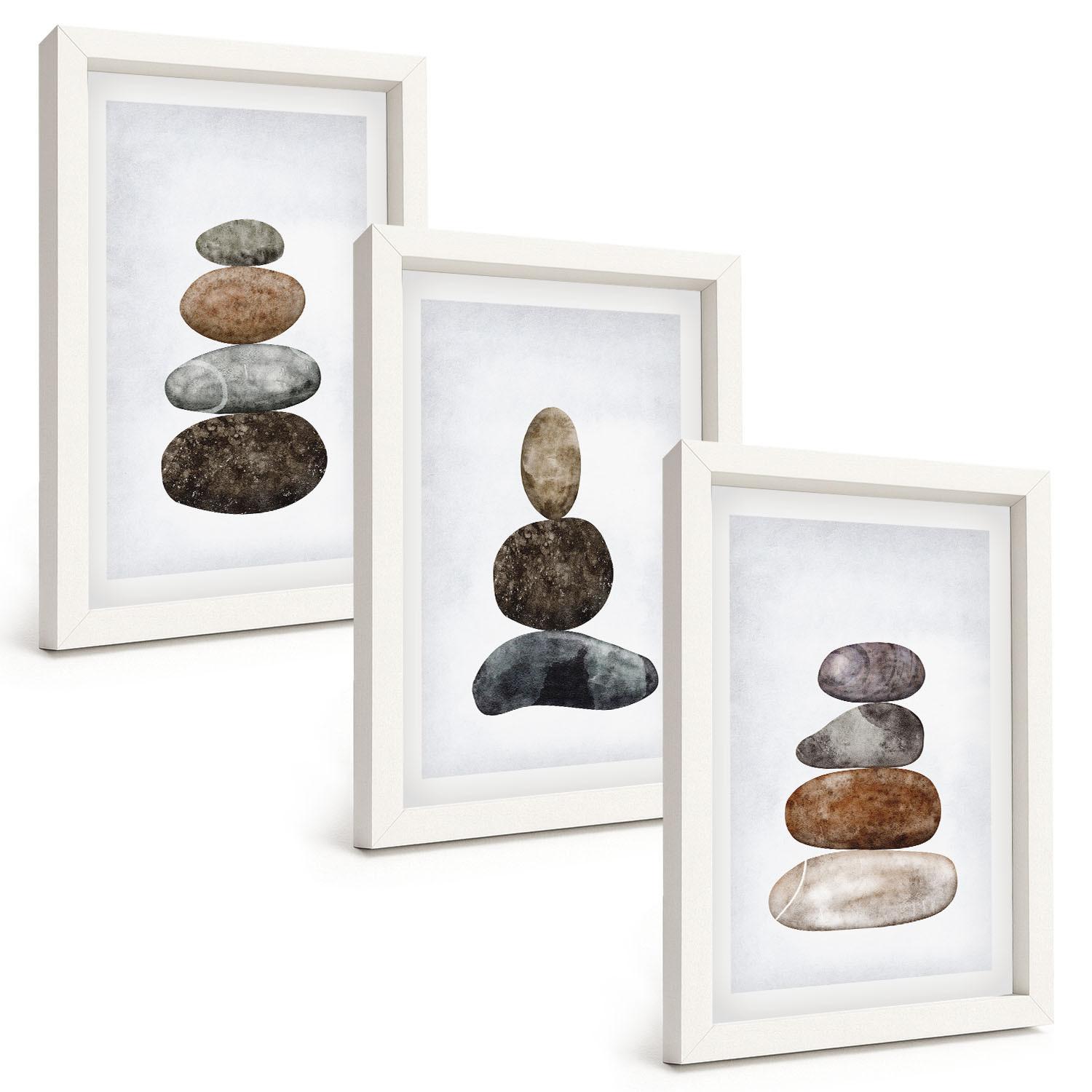 BILDER SET 3er Set - 20x30 cm Weißer Rahmen - Minimalistische Boho-Steine - Weiß, Kunststoff (20/30cm) - TULUP
