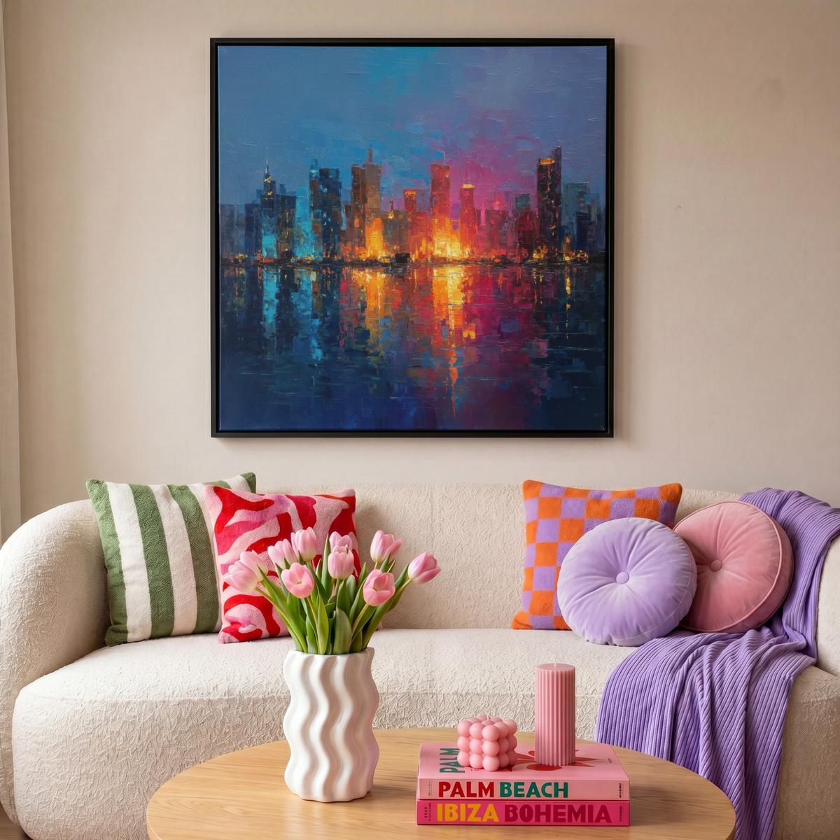 LEINWAND Bilder mit Rahmen - Skyline - Pinselstriche - Dunkelblau - Leuchtend - 90x90 - Blau, Textil (90/90cm) - MuchoWow