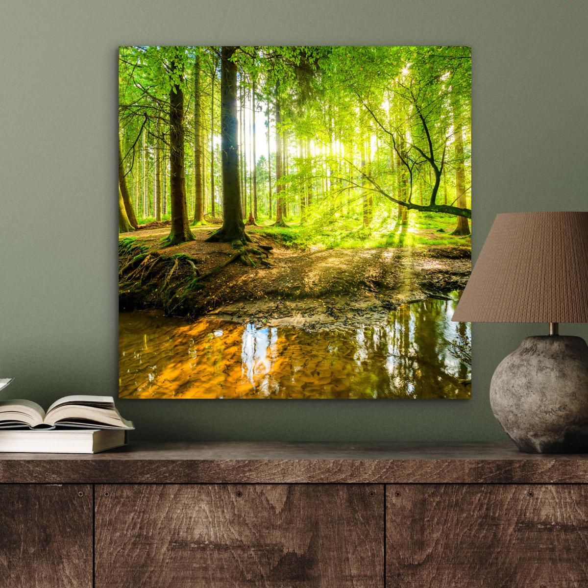 METALLBILD Wald - Landschaft - Wasser - Bäume - Sonne - Grün - Natur 50x50 cm - Grün, Metall (50/50cm) - MuchoWow