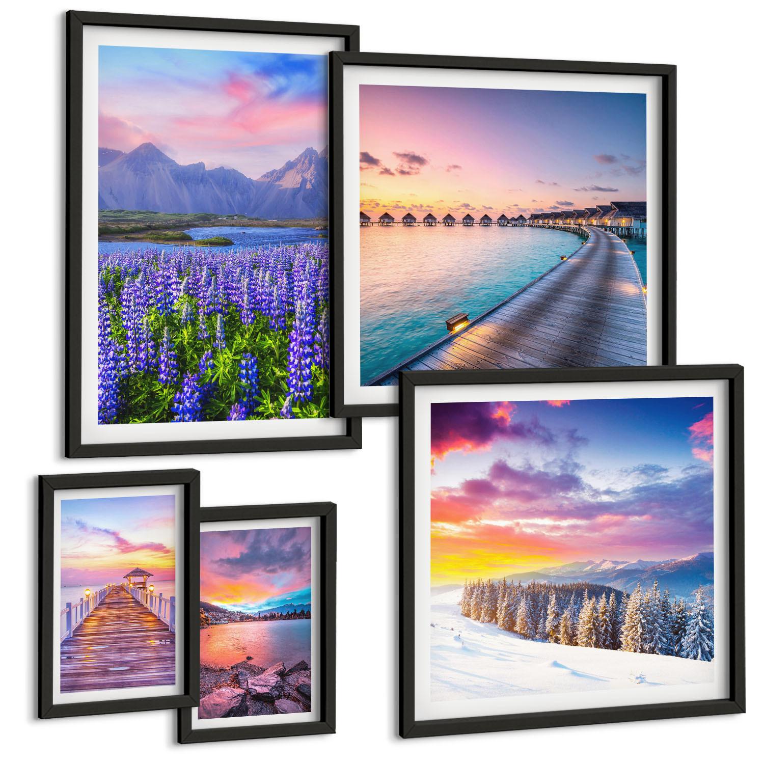 BILDER SET 5er Set - 50x50 cm & 20x30 cm & 40x60 cm Schwarzer Rahmen - Winterlandschaft des Pierbergs - Schwarz, Kunststoff (40/60cm) - TULUP