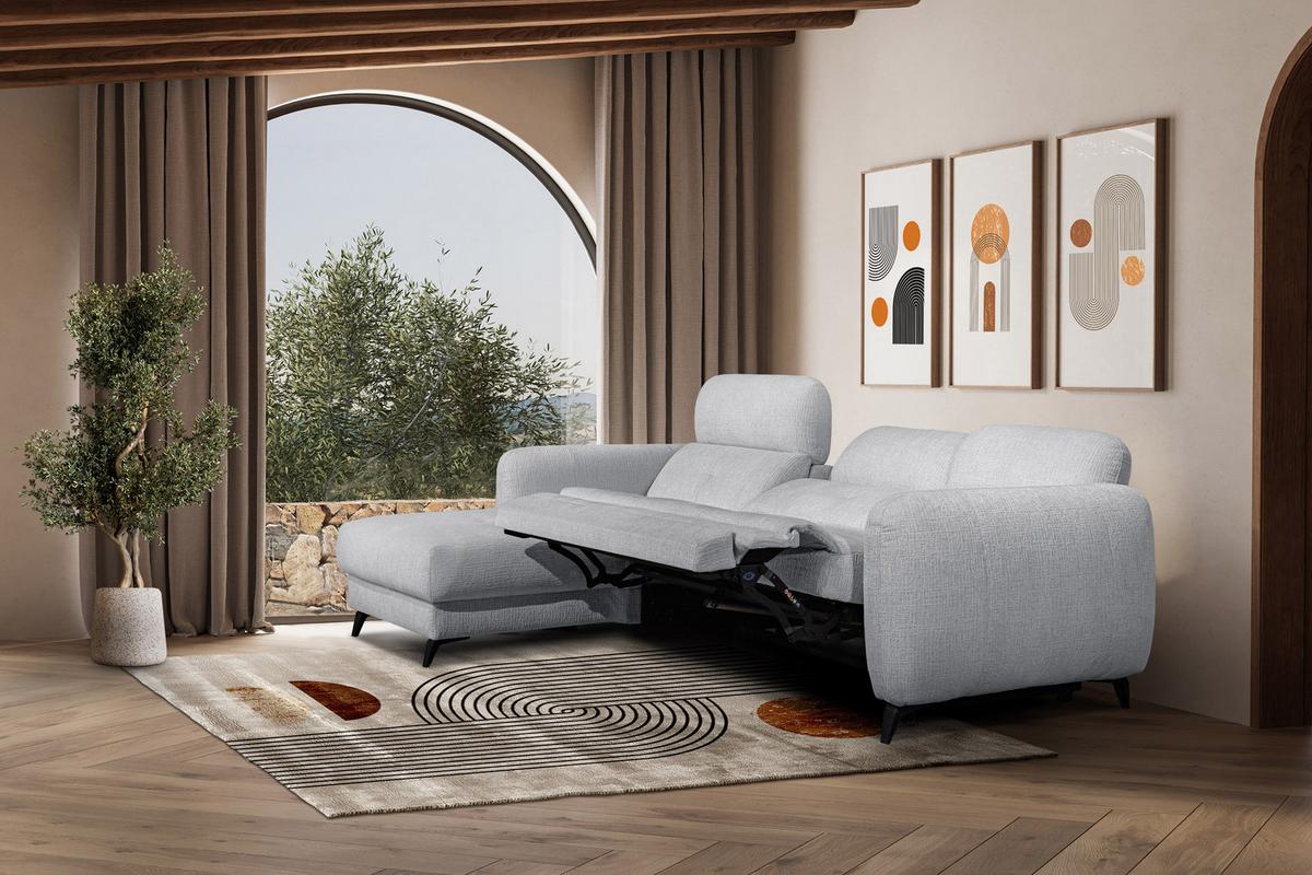 ECKSOFA SVEN 3-Sitzer, 1 Relax XL, verstellbare Kopfstützen, hellgrau - Hellgrau/Schwarz, Holzwerkstoff/Textil (256/163cm) - Wozimo