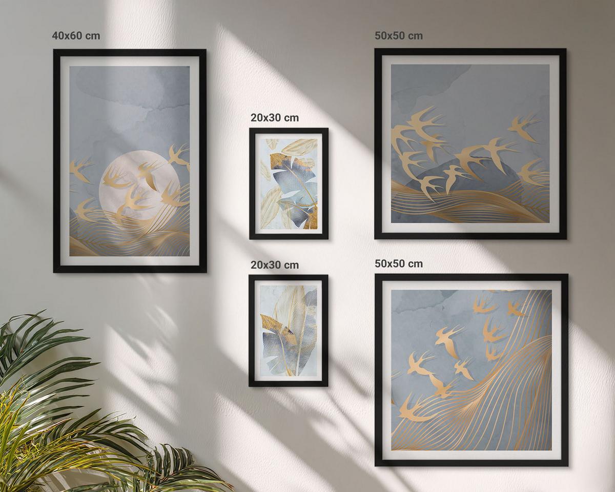BILDER SET 5er Set - 50x50 cm & 20x30 cm & 40x60 cm Schwarzer Rahmen - Blaubeige Blätter im Hintergrund - Schwarz, Kunststoff (40/60cm) - TULUP