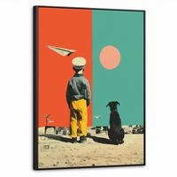 LEINWAND Bilder mit Rahmen - Retro - Junge - Hund - Rot - Grün - 60x80 - Orange, Textil (60/80cm) - MuchoWow