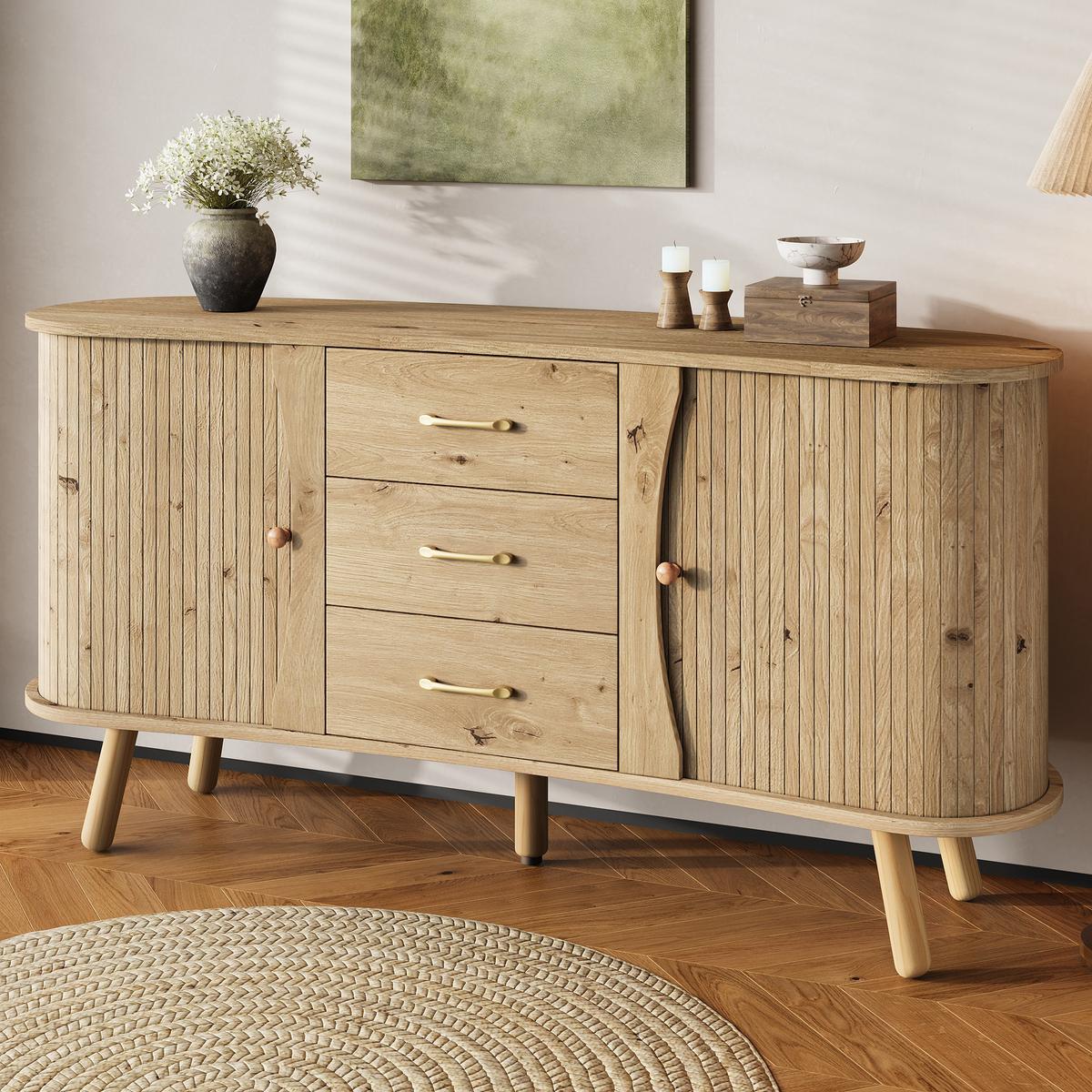 SIDEBOARD holzoptik & erbsenform 2 schiebetüren & 3 schubladen - Naturfarben, Holzwerkstoff (150/75/36.5cm) - Urban Meuble