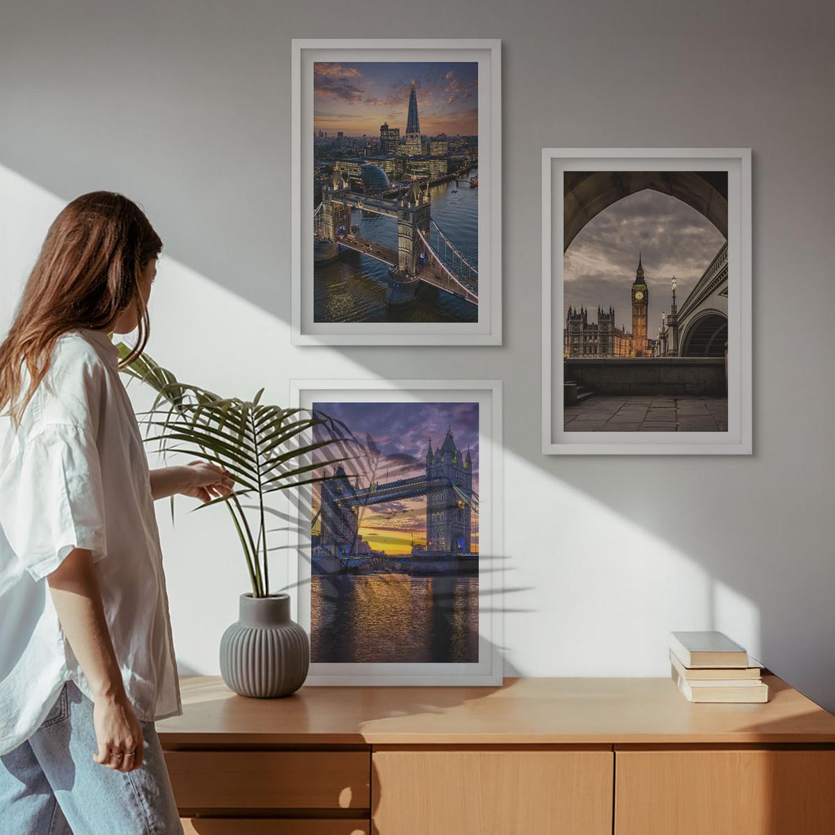 BILDER SET 3er Set - 40x60 cm Weißer Rahmen - Stadtbrücken, Uhrtürme - Weiß, Kunststoff (40/60cm) - TULUP