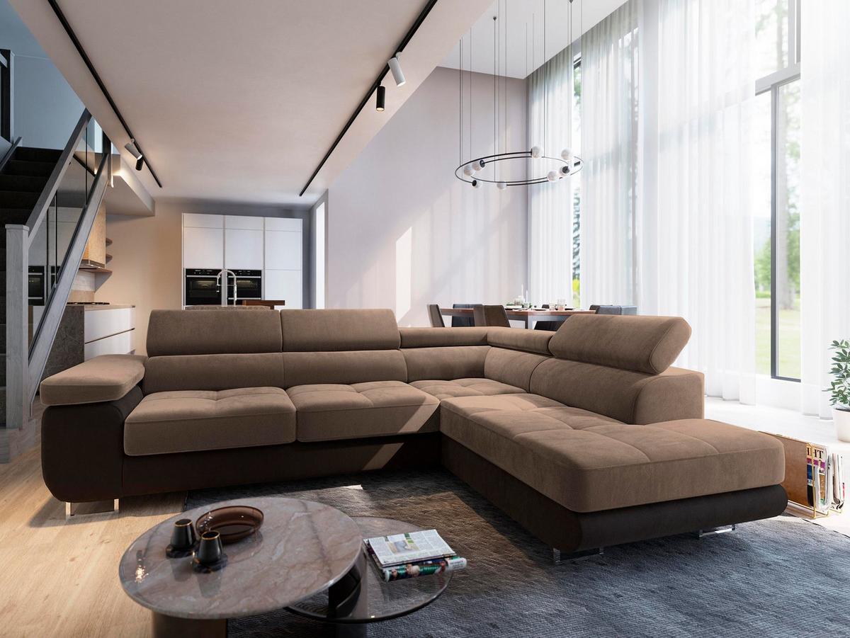 ECKSOFA SELVA R-S Beige Velours-Stoff mit Schlaffunktion - Beige/Silberfarben, Holz/Holzwerkstoff (275/202cm) - MASSENO