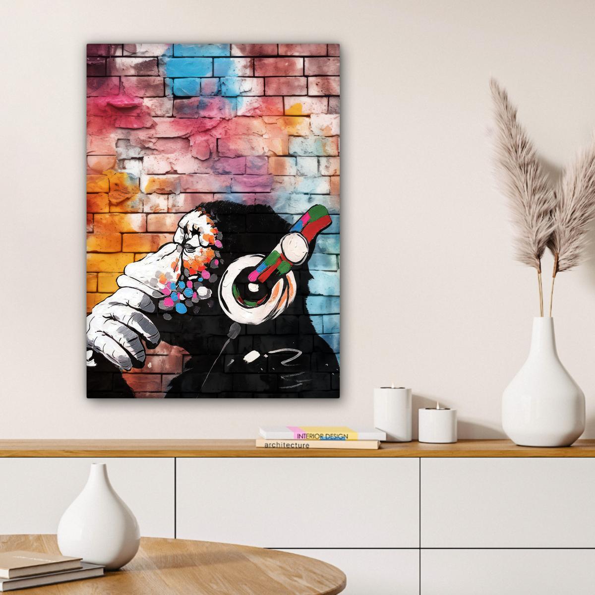 LEINWANDBILD Affe - Graffiti - Musik Wandbild Wohnzimmer 60x80 cm - Multicolor, Textil (60/80cm) - MuchoWow