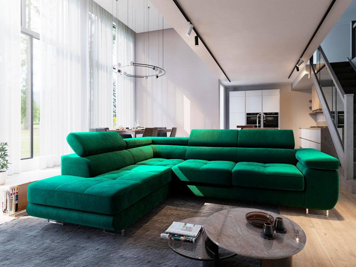 ECKSOFA SELVA L-S Grün Velours-Stoff mit Schlaffunktion - Silberfarben/Grün, Holz/Holzwerkstoff (275/202cm) - MASSENO