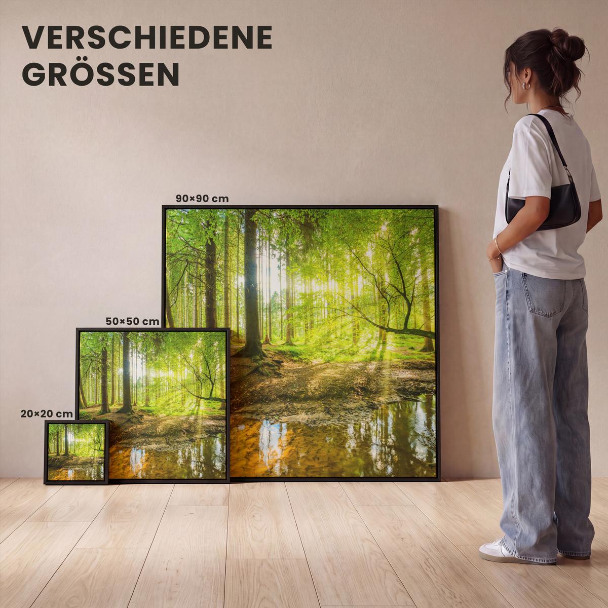 LEINWAND Bilder mit Rahmen - Wald - Landschaft - Wasser - Bäume - Sonne - Grün - Natur - 90x90 - Grün, Textil (90/90cm) - MuchoWow