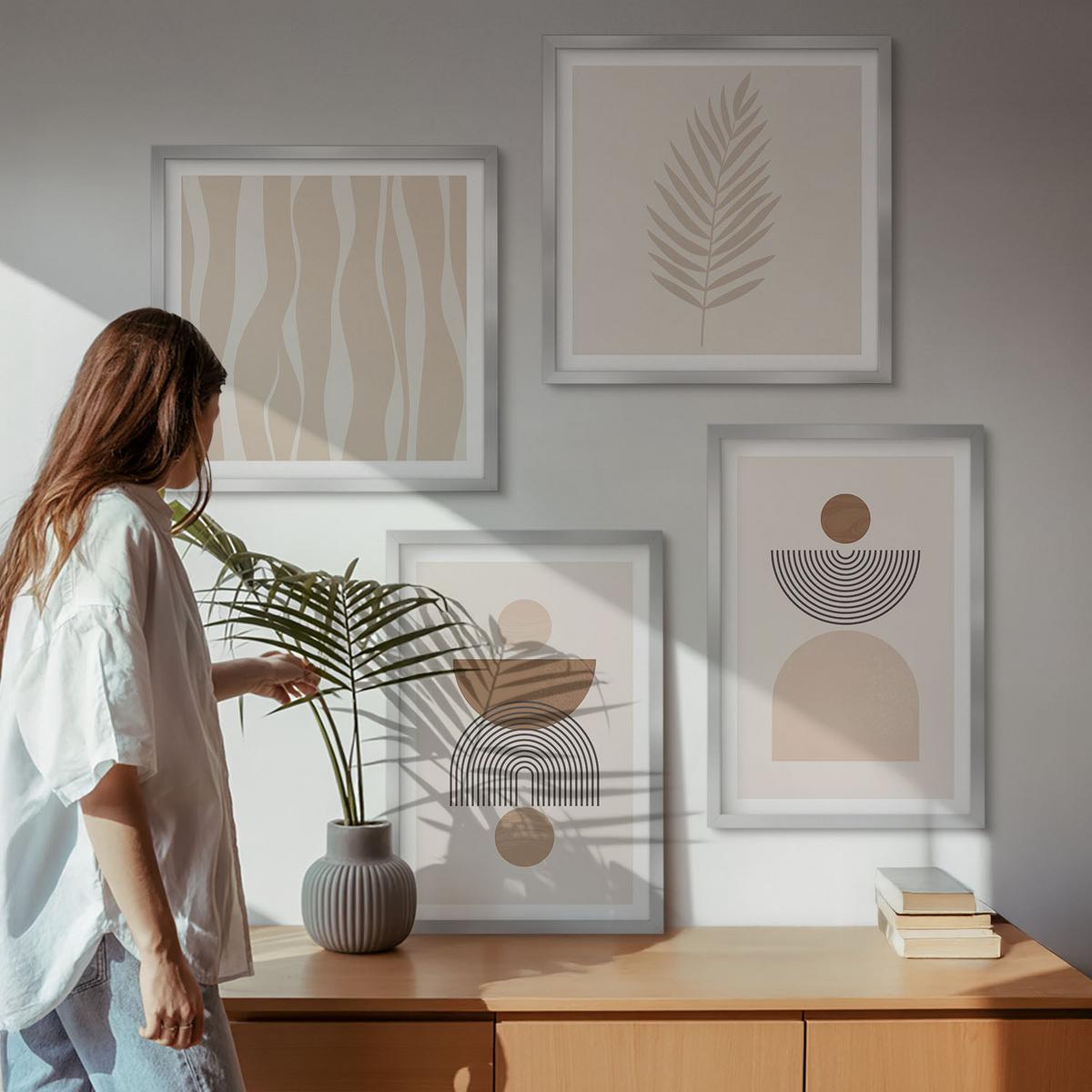 BILDER SET 4er Set - 50x50 cm & 40x60 cm Silberner Rahmen - Abstrakte Formen braun beige - Silberfarben, Kunststoff (50/50cm) - TULUP