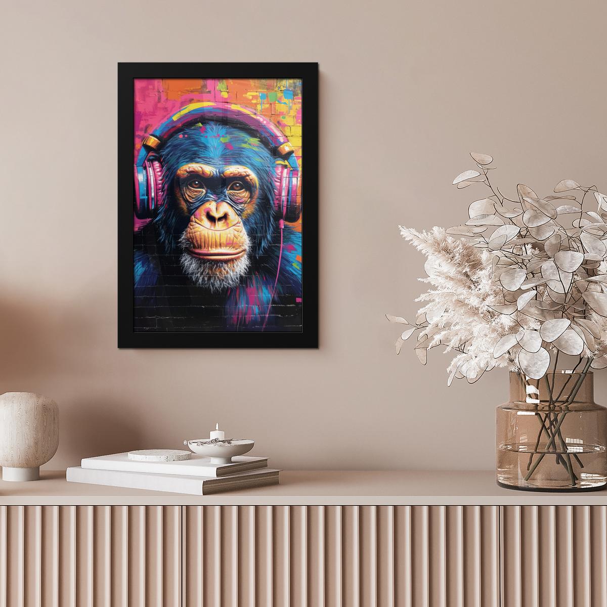 POSTER MIT RAHMENGERAHMTES BILD Graffiti - Schimpanse - Straßenkunst - Kopfhörer - Affe Poster 20x30 cm - Blau, Papier (20/30cm) - MuchoWow