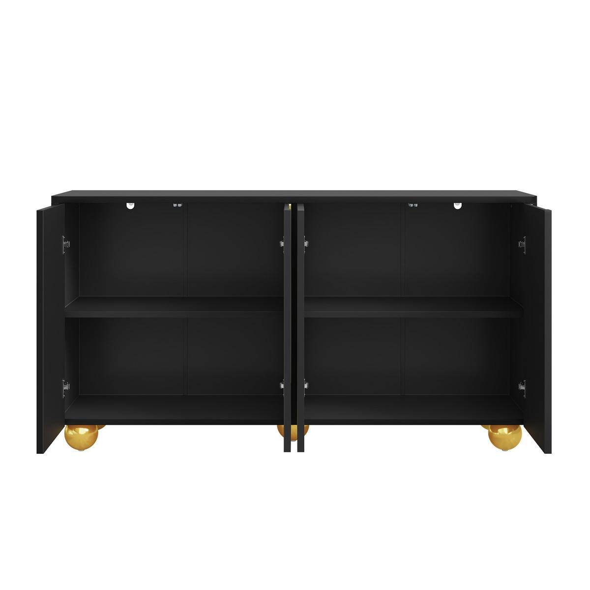 SIDEBOARD 140cm Schwarz mit Gold-Bogen-Dekor, 4 Türen & Kugel-Füßen - Schwarz, Holzwerkstoff (140/74/40cm) - Urban Meuble
