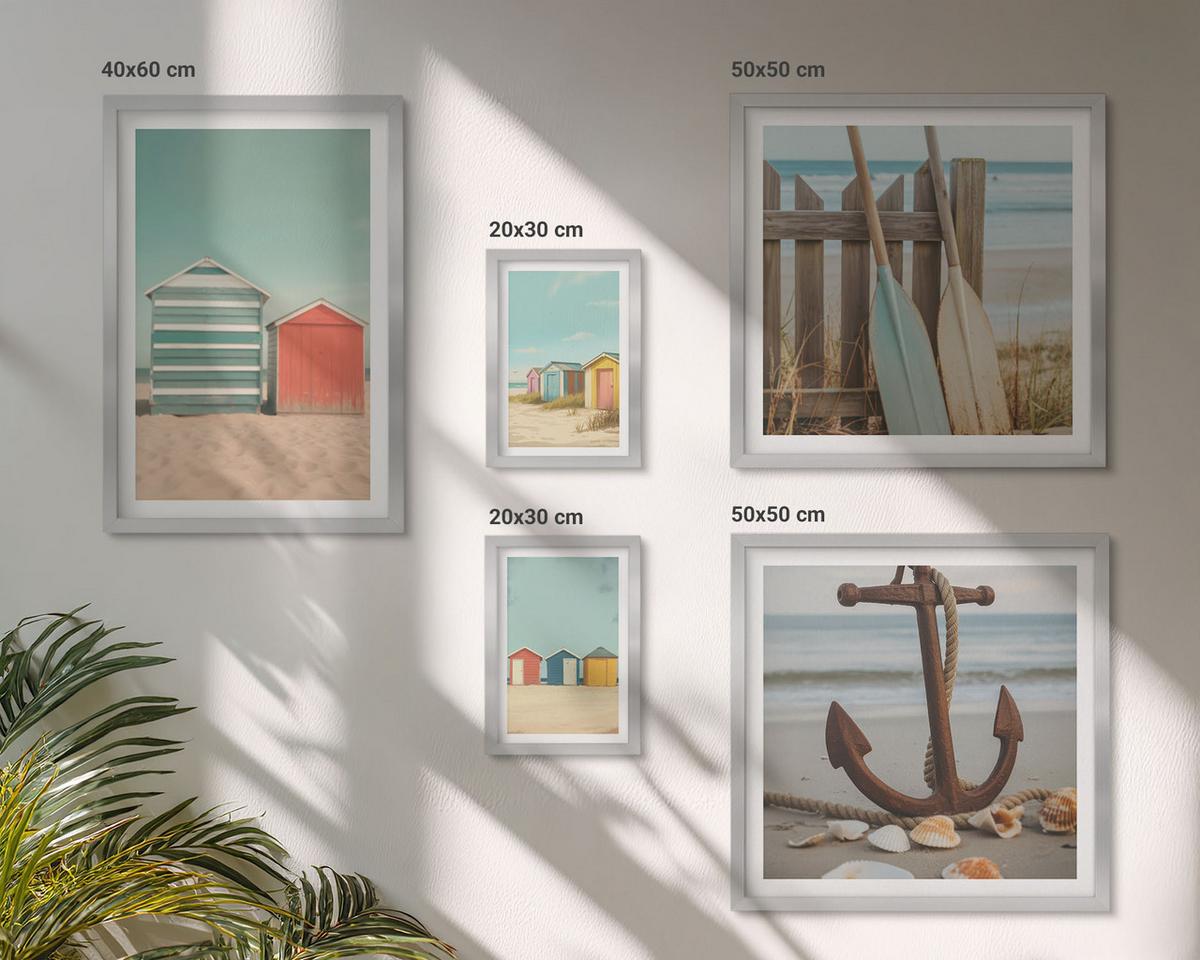 BILDER SET 5er Set - 50x50 cm & 20x30 cm & 40x60 cm Silberner Rahmen - Bunte Häuser, Strand, Sonne - Silberfarben, Kunststoff (40/60cm) - TULUP