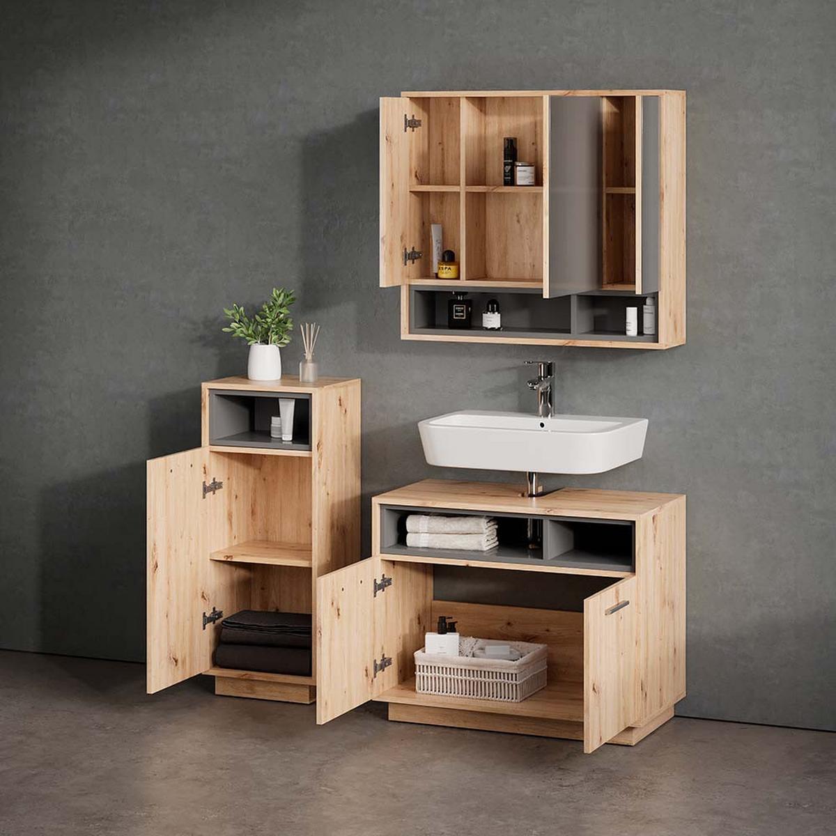 BADMÖBEL-SET Temo Artisan-Eiche 3 Teile - Eiche Artisan, Holzwerkstoff (80/64/40cm) - Livinity®
