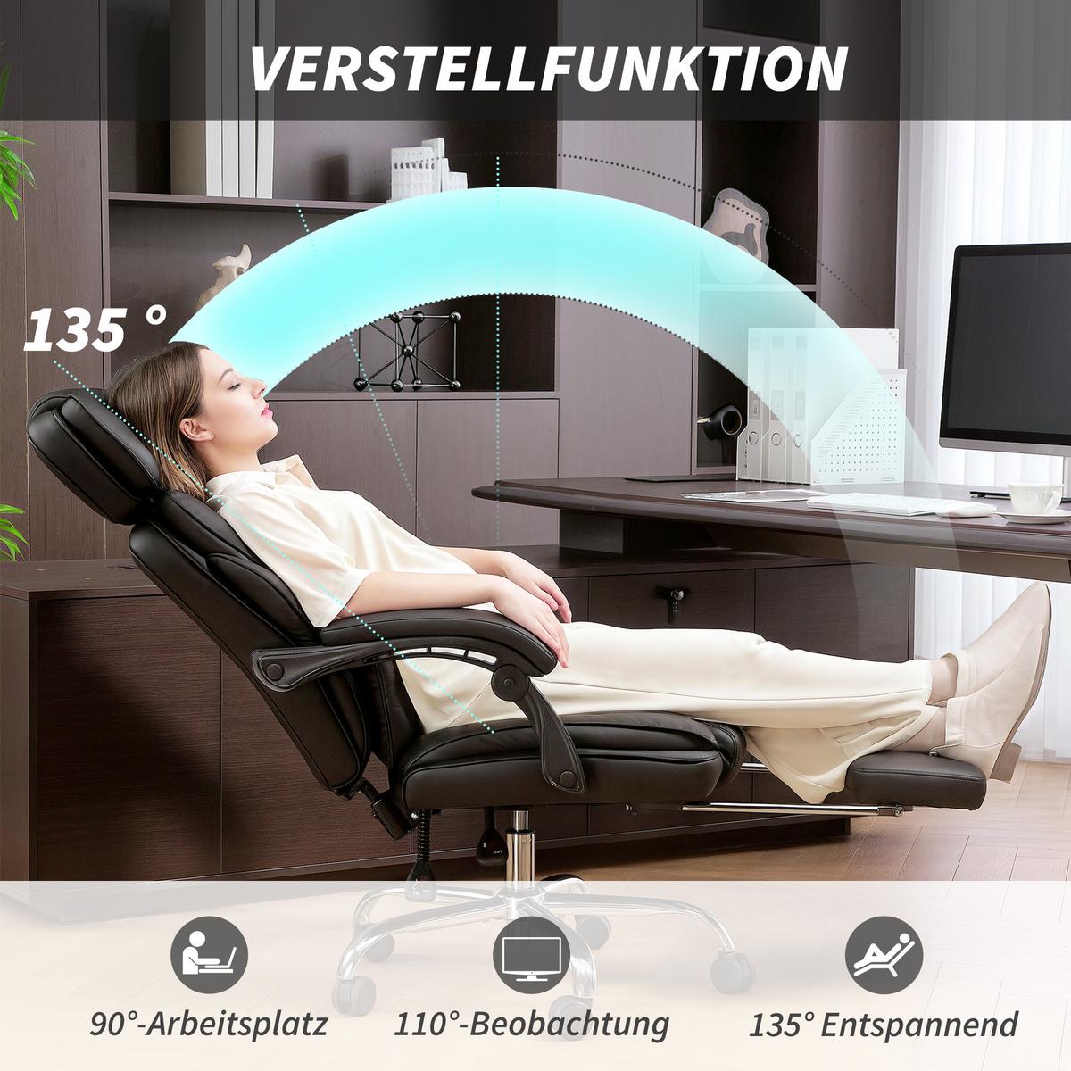 BÜROSTUHL mit verstellbarer Rückenlehne aus Stahl Schwarz - Schwarz, Leder/Metall (69/126/72cm) - HOMCOM
