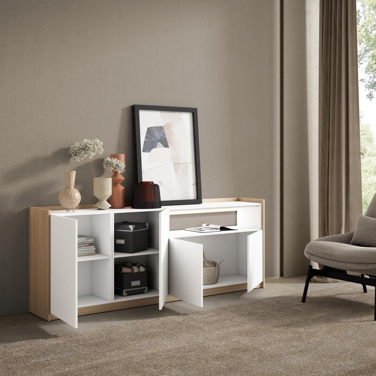 SIDEBOARD, Weiß und Eiche, 207/37/80cm, mit Led - Weiß, Holzwerkstoff (207/80/37cm) - Skraut Home
