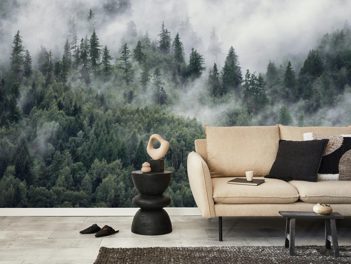 FOTOTAPETE für Schlafzimmer Morgennebel Nadelwald Bäume 350x256 - Weiß/Grau, Papier (350/256cm) - Muralo