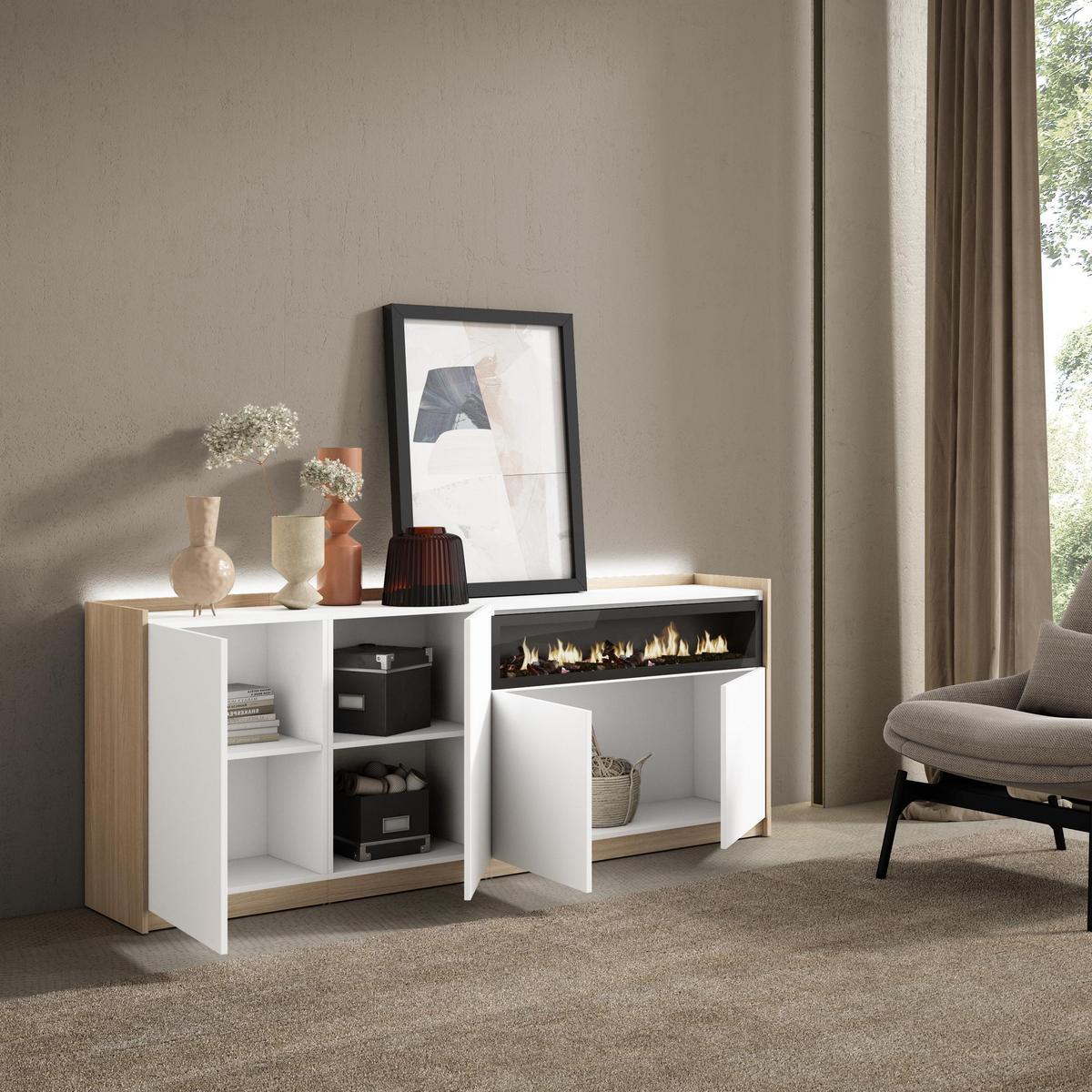 SIDEBOARD, Weiß und Eiche, 207/37/80cm, Kamin mit Feuereffekt - Weiß, Holzwerkstoff (207/80/37cm) - Skraut Home